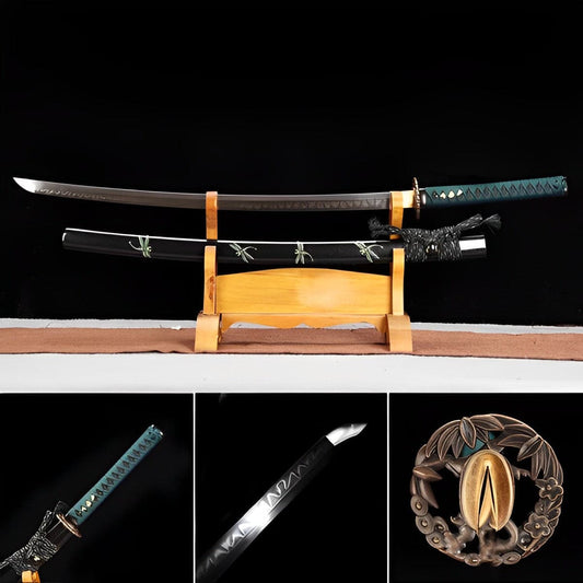 Hand Forged Japanese Samurai Katana Dragonfly Specialty leaf pattern burnishing blade