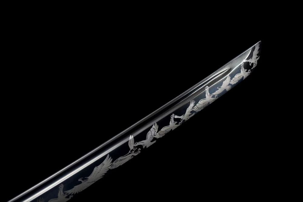 Hand Forged Japanese Samurai Katana Eagle Carbon steel Blackened blade engraving