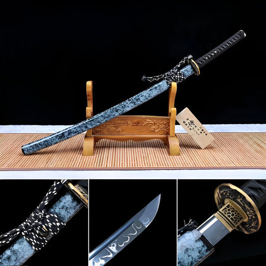 Hand Forged Japanese Samurai Katana Fine Iron Mounted Burnt Edge T10 Carbon steel Blue