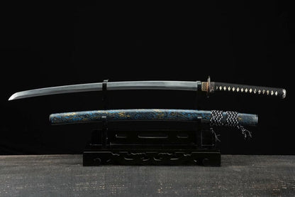 Hand Forged Japanese Samurai Katana Green Dragon Blade Plate Pattern Steel Blue