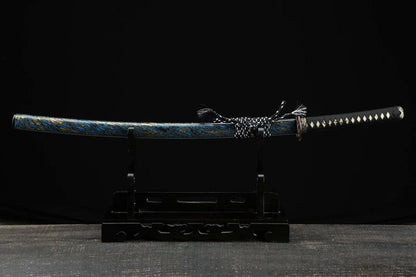 Hand Forged Japanese Samurai Katana Green Dragon Blade Plate Pattern Steel Blue