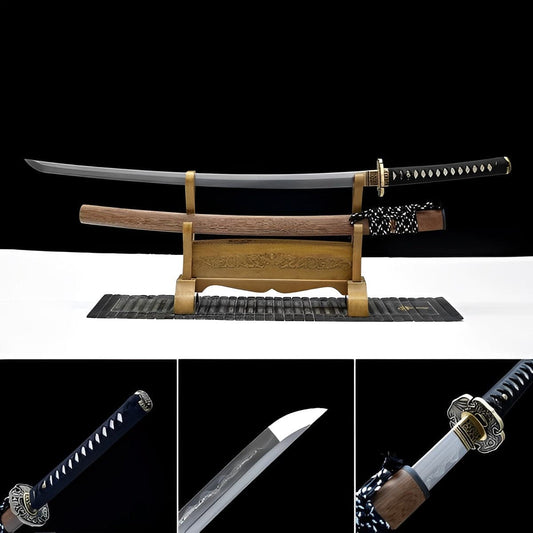 Hand Forged Japanese Samurai Katana Qi Gan Pattern Steel Wooden color