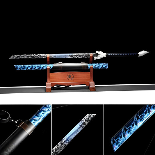 Handmade Silver Moon Wolf King High Manganese Steel Chinese Sword With Baked Blue Blade